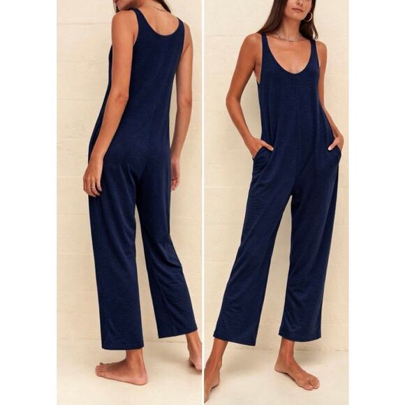 Pitusa Pants - Pitusa Basic Pima Cotton Sleeveless Jumpsuit Wide Leg Navy Size Standard NWT